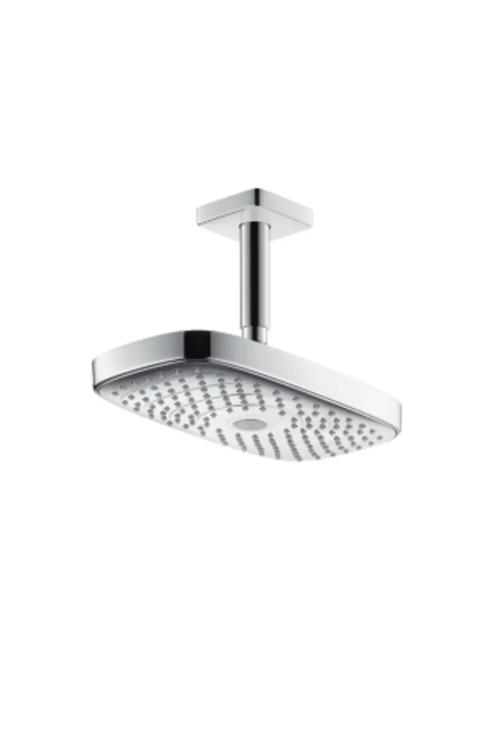 Deckenmontierte Kopfbrause mit quadratischem Design und großen Wasserstrahldüsen. Aus verchromtem Material von Hansgrohe.